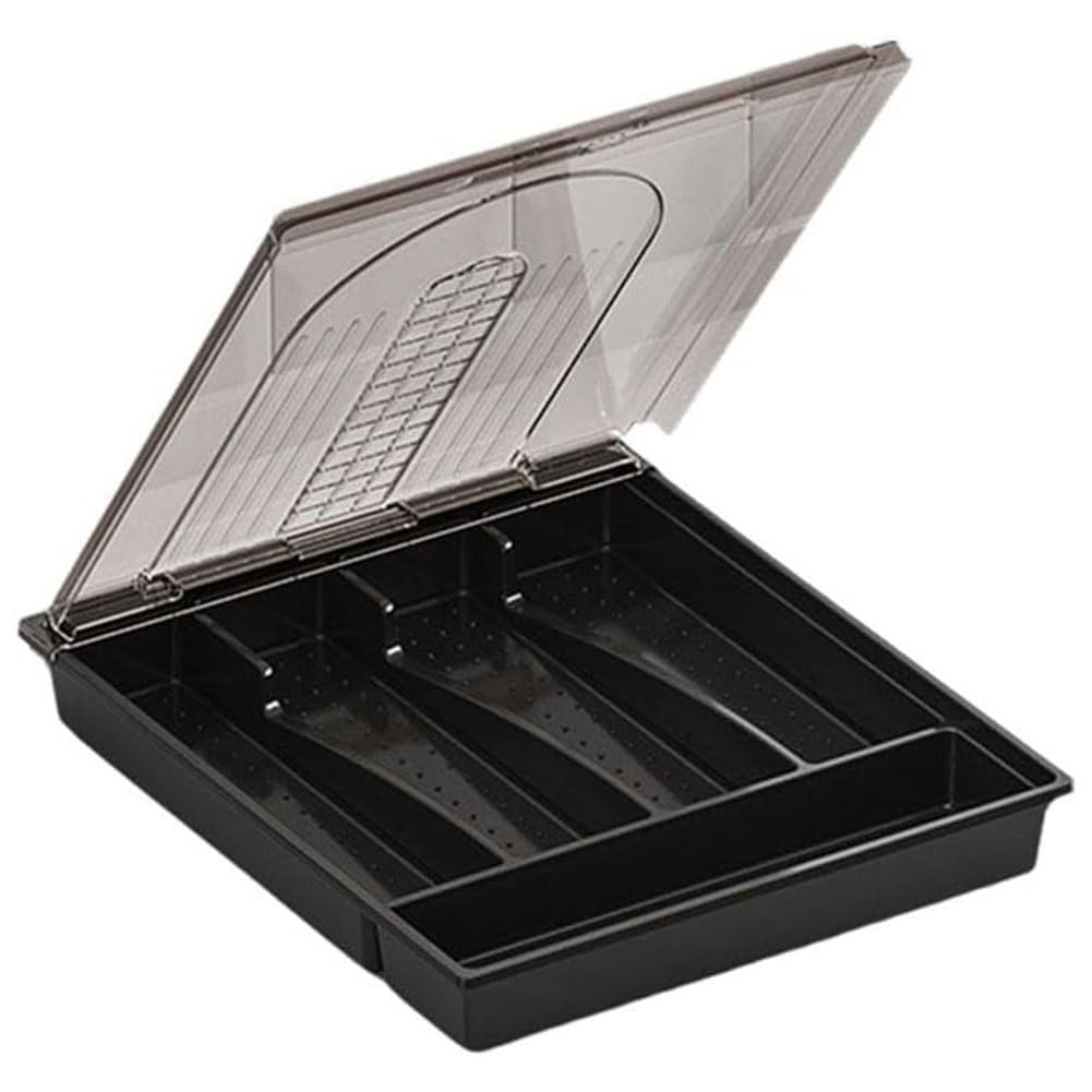 CTRLZS Organizer with Lid,Plastic Cutlery and Flatware Storage Box, Compartments Covered Utensil Tray for Kitchen Drawer B