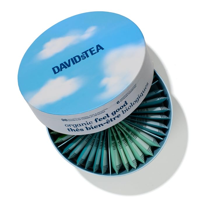 DAVIDsTEA Feel-Good 36-Sachet Tea Wheel – Organic Caffeine-Free Wellness Tea Sampler Gift Set for Hot & Iced Steeps | 6 Calming Herbal Blends: Cold 911, Le Digestif, Ashwagandha Chai & More