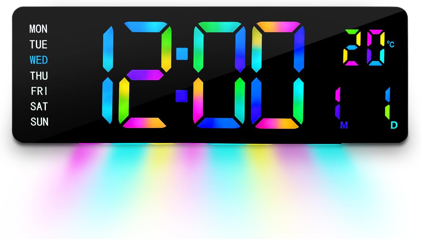 AuraSync Digital Wall Clock with Rainbow LED Display, Day of Week, Temperature, 12/24 Hour Format