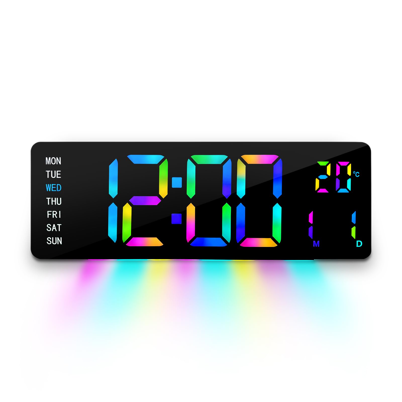 AuraSync Horloge murale numérique avec affichage LED arc-en-ciel, jour de la semaine, température, format 12/24 heures