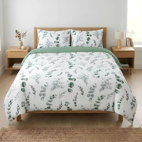 H HANSEL HOME Funda Nórdica Cama 135-3 Piezas - Microfibra Transpirable - Funda Edredón 220x220 cm, 2 Fundas de Almohada 50x70 cm - Estampada Eucalipto