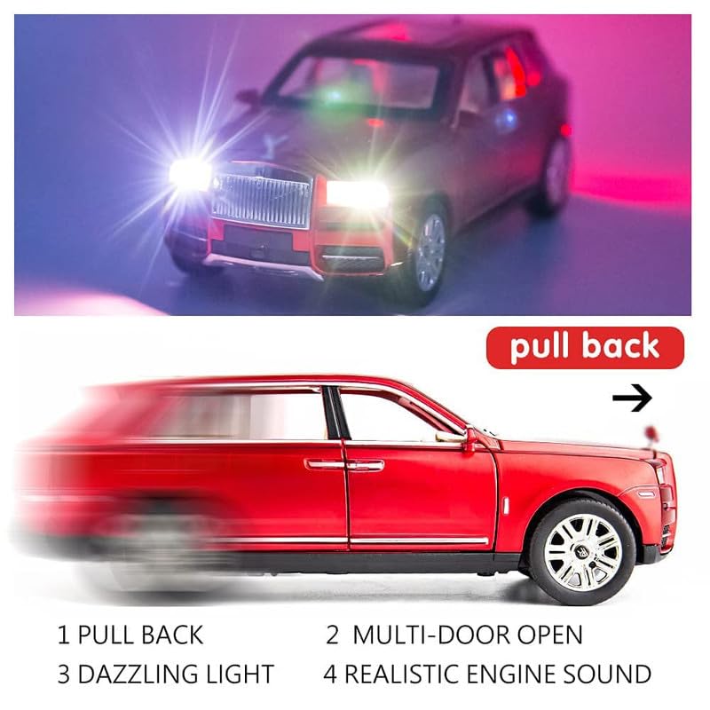 Image of Kids Model 1:24 RR Cullinan Die Cast Metal Car Pull Back Action Opening Doors with Realistic Engine Sound Lights Toy Car Gift for Boys - Red