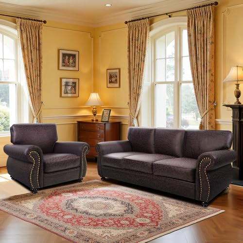 Couchus Living Room Furniture Sets,Sofa Sets and Couch Sets for Living Room,Mid-Century Vintage Sofa Couches with Rivet Design (Brown, Single+3 Seater)