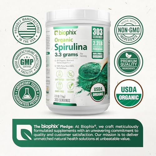 biophix Organic Spirulina Powder, 2.2 Lbs 100% Pure Spirulina Blue Green Algae Powder, Vegan, Non GMO, Non-Irradiated, USDA Certified, Best Protein Superfood