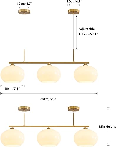 Miniatura 2 de KCO Iluminación de oro 3 luces globo colgante iluminación mediados de siglo moderno cristal blanco comedor lámpara colgante latón oro isla colgante