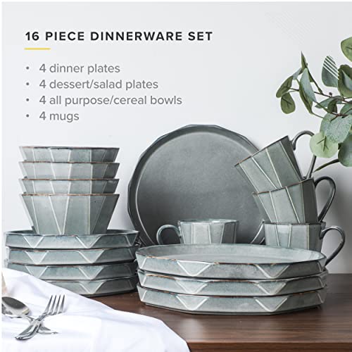 Table 12 16-Piece Dinnerware Set, Stonewashed Dinnerware Set For 4 Including Dinner Plates, Dessert & Salad Plates, Bowls, Mugs, Modern Kitchen Set #TOP1