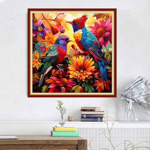 Image of Magxvouy Cross Stitch Kits Stamped Full Range of Embroidery Kits,Cross Stitch Patterns Needlework Kits for Beginners 11CT Printed Kits&Colorful Flowers and Birds 18x18 inch