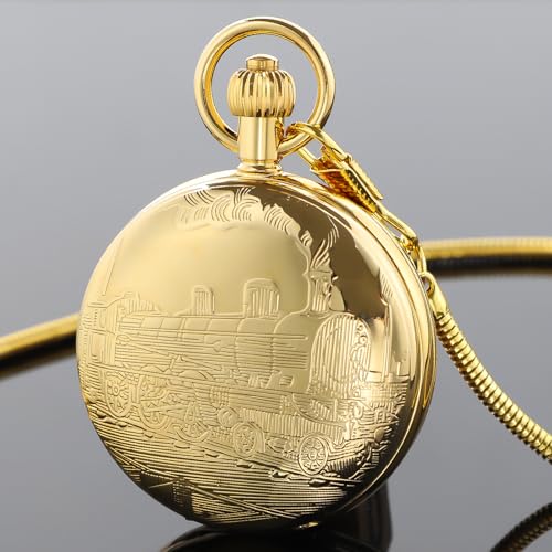 Image of Copper Pocket Watch Train Railroad Steampunk Mechanical London Hand Wind Double Case Mens Watches with Chains & Boxs Christmas Graduation Birthday Gifts Fathers Day(Gold)