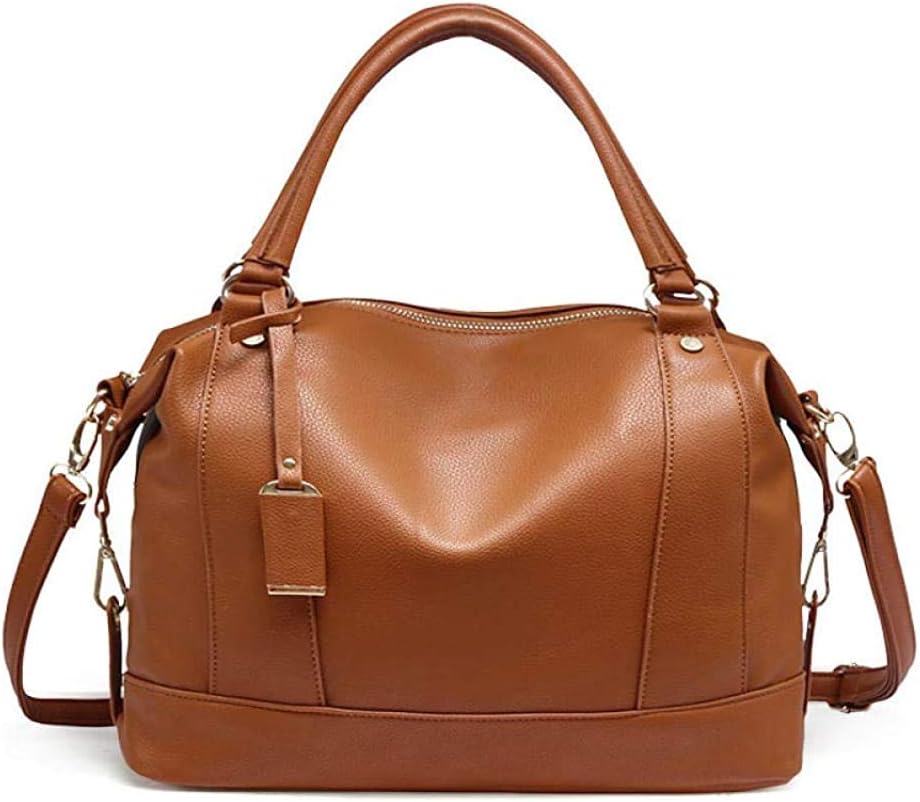 GulfDealzWomen's Top Zip Large Casual & Chic Litchi Line Boston Tote and Cross-body Handbag, PU Leather - Brown