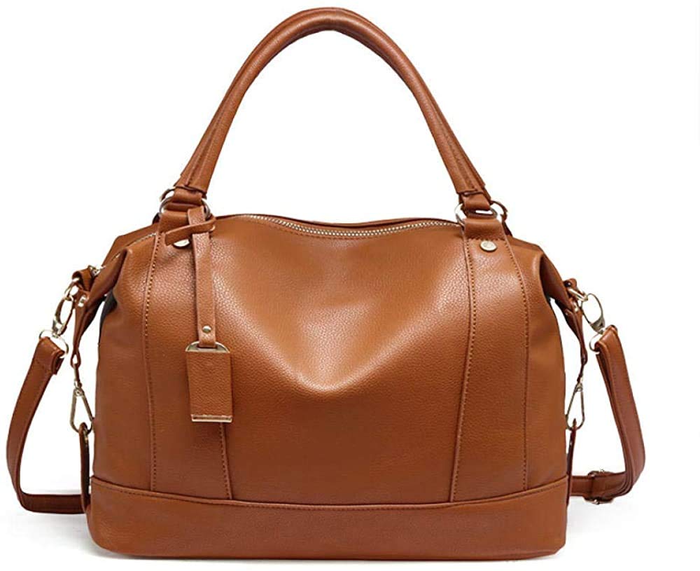 GulfDealzWomen's Top Zip Large Casual & Chic Litchi Line Boston Tote and Cross-body Handbag, PU Leather - Brown