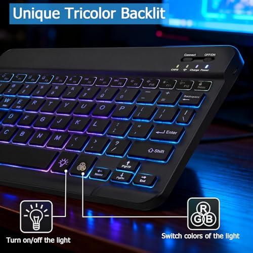 KUNSI Backlit Bluetooth Keyboard for iPad, Rechargeable Slim Portable Wireless Keyboard for iPad Tablets, Compatible for All iOS/Windows/Android System Devices-Black - 2