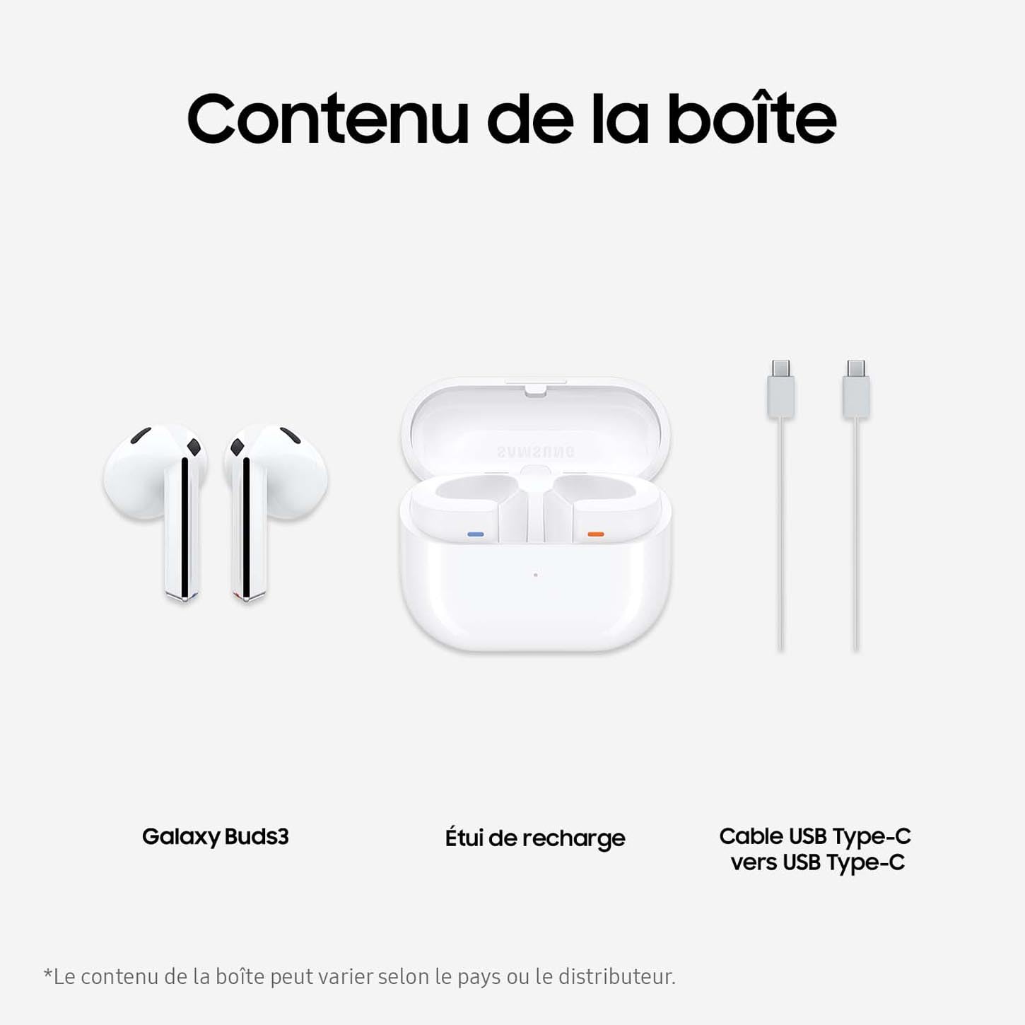Samsung Galaxy Buds3, Écouteurs sans Fil, Réduction Active de Bruit, Bluetooth, Blanc, Audio 360, Galaxy AI, Chargeur Secteur Inclus, (Version FR) [Exclusivité Amazon]