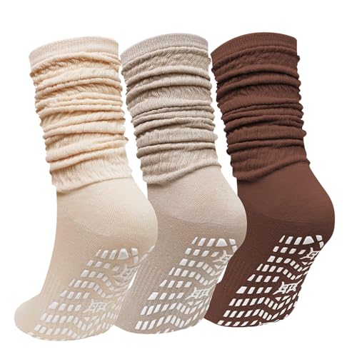 PUTUO Yoga Socken Stoppersocken für Damen: Antirutschsocken für Pilates Fitness Trampolin Sport und Reha zuhause - Slouch Lange frauen aus Baumwolle mit noppen rutschsocken Mix-Farbset 3 Paar 39-42