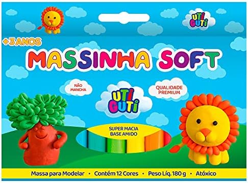 Embalagem frontal da Massinha Utiguti Soft com 12 cores, ilustrada com figuras de leão e árvore feitas de massinha