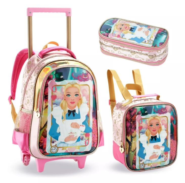 Kit Mochila Holográfica com Rodinha, Lancheira e Estojo, Rosa