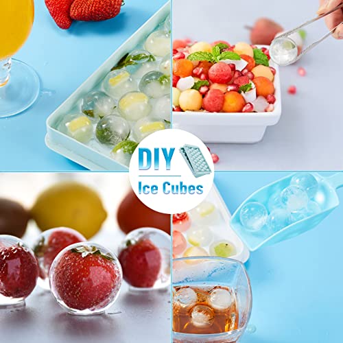 Ice Cube Tray, Circle Ball Ice Trays For Freezer With Lid & Bin, Sphere Ice Cube Mold Making 66 X 1.0In Small Round Ice Cubes(2 Blue Ice Trays, 1 Ice Bucket Scoop) #TOP5