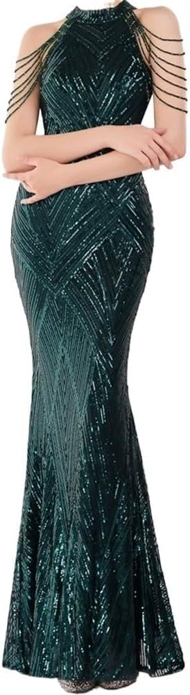 MOTIM Elegant Dresses for Women Halter Formal Dress Tassels Sleeve Bodycon Maxi Evening Gown Wedding Long Dress