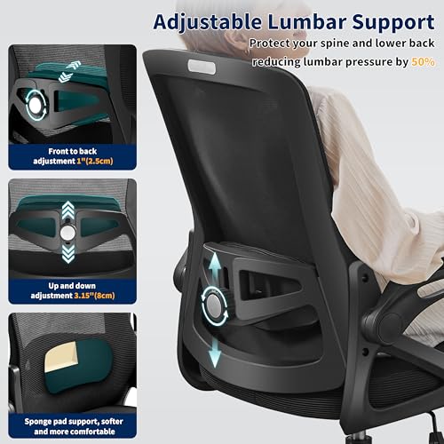 Image of Ergonomic Office Chair, Desk Chair with Adjustable Lumbar Support, Breathable Mesh Comfy Computer Chairs with Flip-up Armrests Executive Task Chair for Adults Home Office (4Pcs)