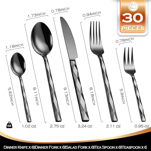 Black-Silverware-Set-Luxury-30-Piece-Flatware-Set-for-6-Cutlery-Set-Stainless-Steel-Diamond-Cut-Pattern-Home-Wedding-Party-1810-Stainless-Steel-Tablewaret-Dishwasher-Safe-Utensils Black Silverware Set Luxury 30 Piece Flatware Set for 6 Cutlery Set Stainless Steel Diamond Cut Pattern Home Wedding Party 1810 Stainless Steel Tablewaret Dishwasher Safe Utensils