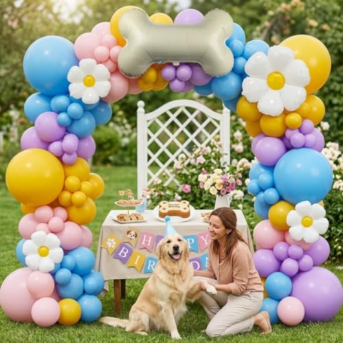 Image of 120Pcs Blue Yellow Balloon Garland Arch Kit with Pastel Purple, Pink, Daisy Flower Bone Foil Balloons, Perfect for Girls' Birthday Decorations, Puppy-Themed Party Supplies, Dog Party