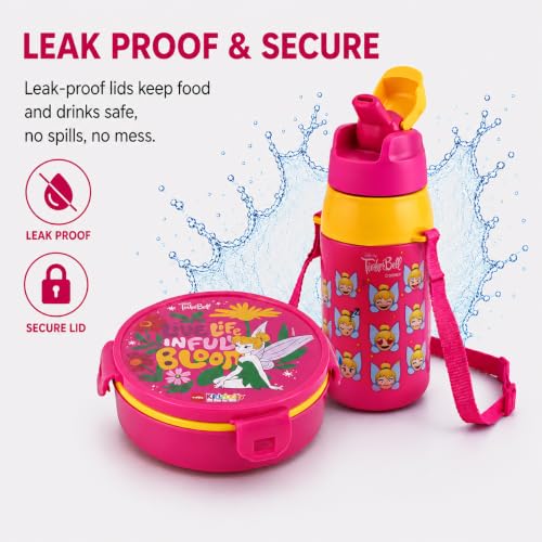 Image of CELLO Kidzbee Star Gift Set Combo for School Kids Pink | 3D Touch & Feel Tinkerbell Design Airtight Clip Lock Insulated Lunch Box 390ml with Leak Proof Flip Top Sipper Water Bottle for Kids Boys Girls