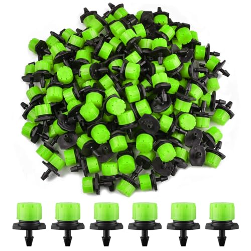 Kalolary 200Pcs Adjustable Irrigation Drippers, 1/4 Inch Barbed Drip Emitter 360 Degree Watering Sprinklers Anti-Clogging Drippers for 4mm/7mm Garden Watering System(Green)