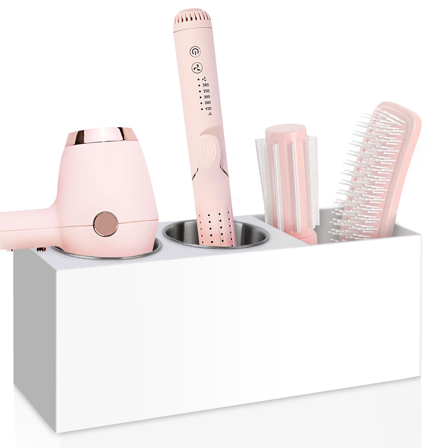 Photo 1 of Bollmisde Hair Tool Organizer, Hair Dryer Holder with Heatproof Steel Cups, Acrylic Vanity Organizer for Curling Iron, Flat Iron & Hair Brushes, Perfect for Bathroom (White, Standard)