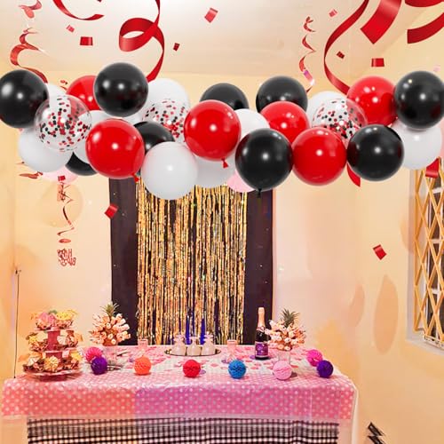 Image of 100pcs Red and Black Balloons, 12inch Red and White With Confetti Balloons for Class of 2026 Graduation, Birthday Decorations, Baby Shower, Casino, Race Car Party Supplies (2 Ribbons)