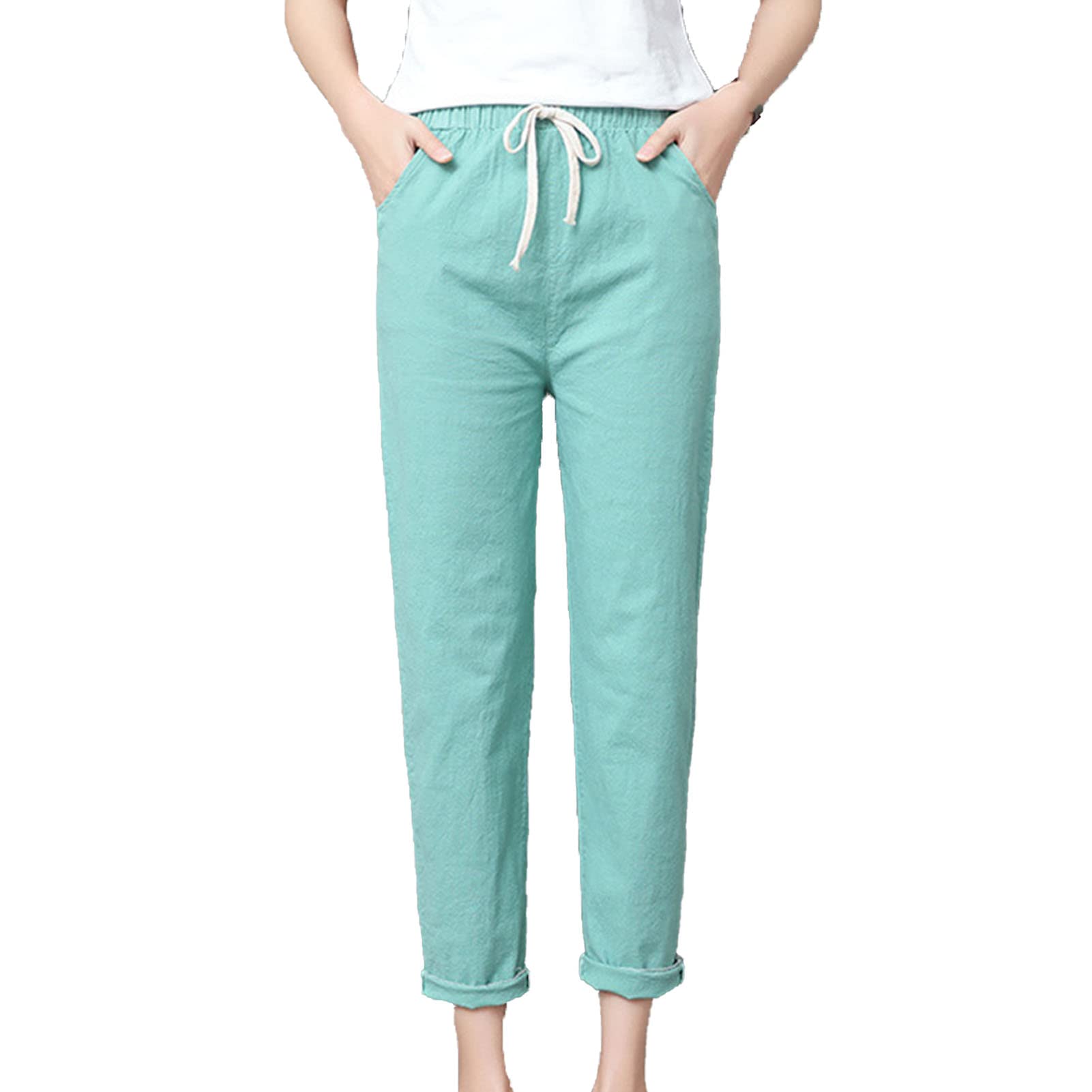 Maiyifu-GJ Women's Linen Drawstring Cropped Pants Summer Soft Casual Elastic Waist Trousers Tapered Cropped Pant with Pockets (Cyan,XX-Large)