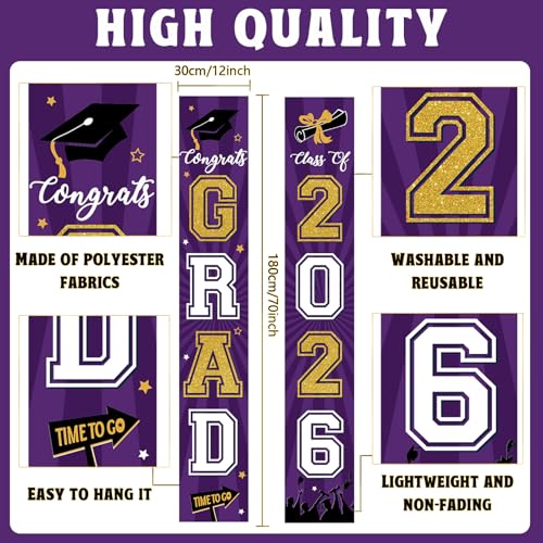 Image of Graduation Banner 2026 Graduation Decorations Purple and Gold Grad Banner Porch Sign Class of 2026 Door Decor Congrats Hanging Backdrop Gold Grad Party Decor for School Congratulations Supplies