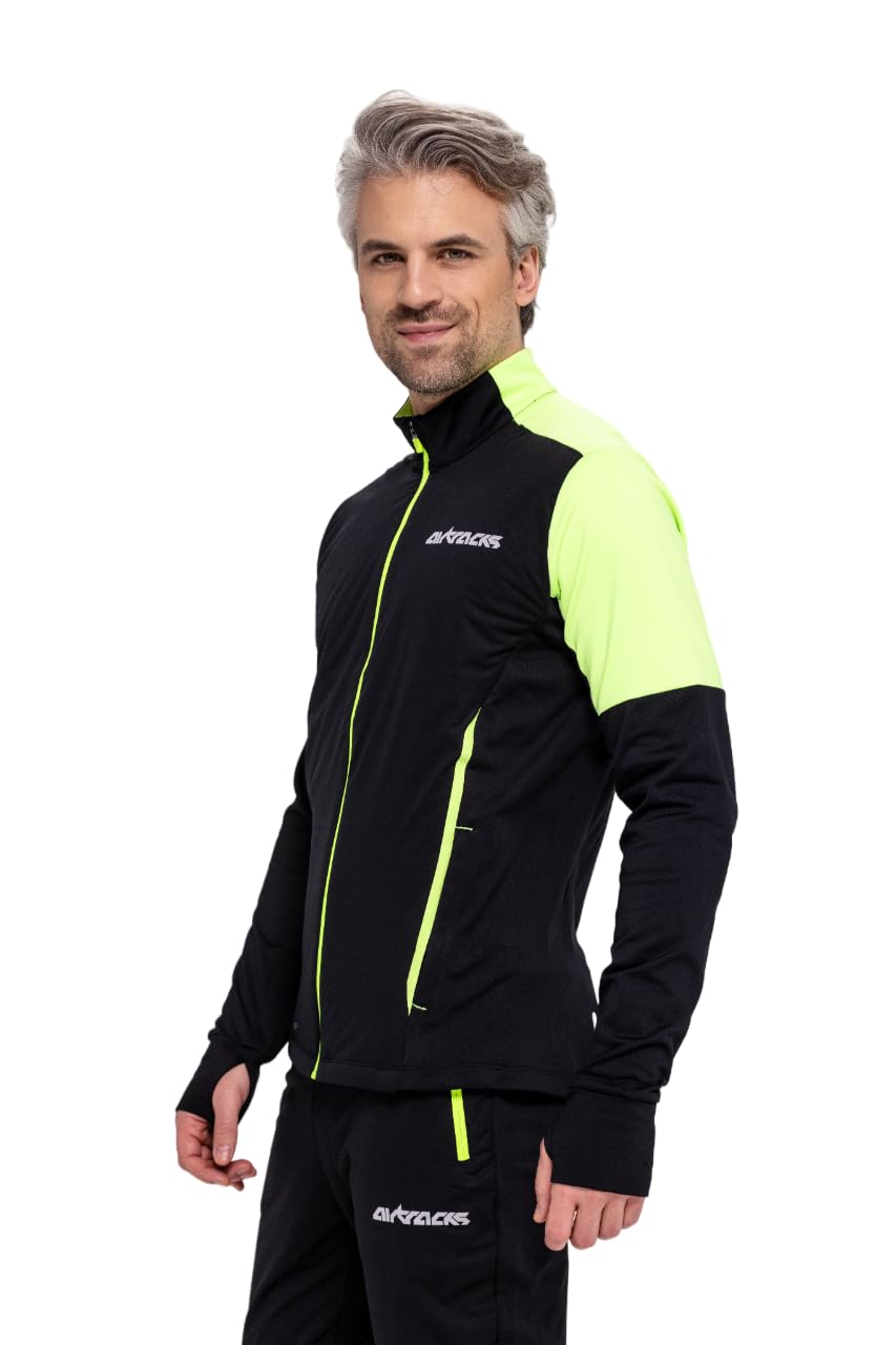 Airtracks Herren Winter Funktions Laufshirt Langarm Pro Line - Thermo Running Sweatshirt - Fleece T-Shirt - Warm - Winddicht - Atmungsaktiv - Reflektoren - Durchgehender Reißverschluß