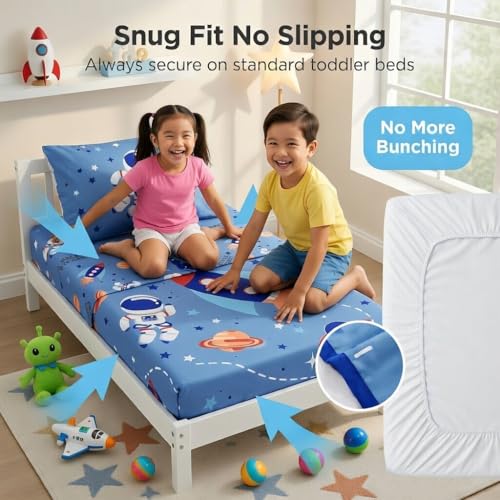 Image of EVERYDAY KIDS 4 Piece Toddler Bedding Set - Outer Space Adventures - Includes Comforter, Flat Sheet, Fitted Sheet and Reversible Pillowcase