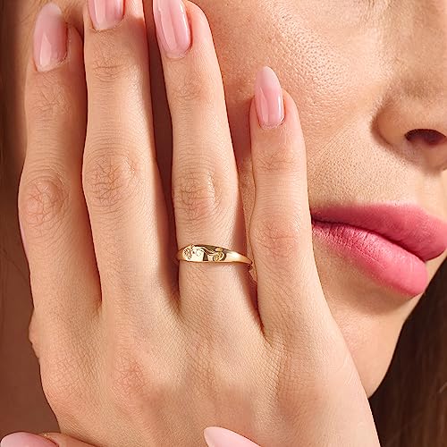 14K Solid Gold Rose Engraved Pinky Ring | Leaves Vine Leaf Signet Statement Stackable Ring | Yellow Rose White Gold | Real Gold Jewelry (Yellow Gold, 6) #TOP2