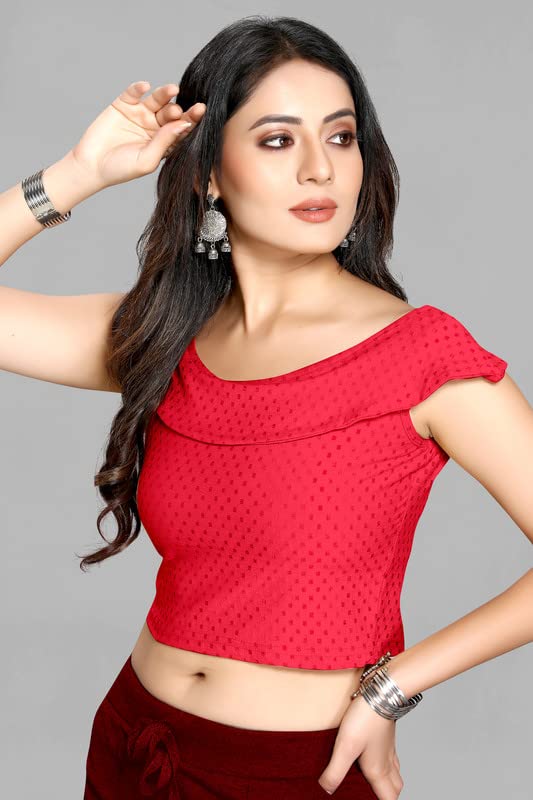 Image of Cotton Lycra Stretchable Off Sholder Short Sleeves Saree Blouse Readymade Crop Top Choli for Girls and Womens