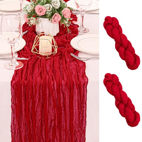 2 Pack 120 Inch Red Cheesecloth Table Runner Boho Rustic