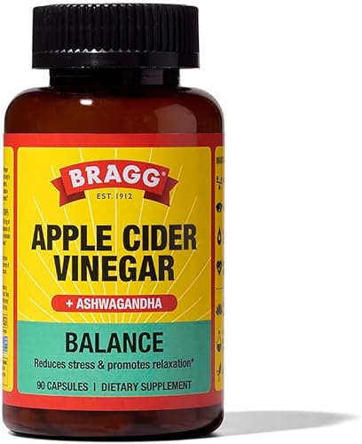 Bragg Daily Balance - Cápsulas de vinagre de sidra de manzana y Sensoril Ashwagandha - 750 mg de ácido acético - Soporte para el control de energía