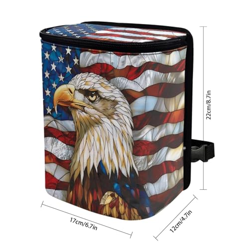 Image of Talayituse Eagle American Flag Print Car Trash Can Portable Auto Garbage Bin Multifunctional Vehicle Interior Accessories with Adjustable Straps Universal Fit Truck SUV Sedan