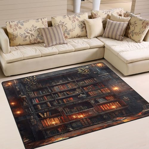 ALAZA Vintage Bookworm Bookshelf Flower Area Rug Rugs for Living Room Bedroom 4' x 5'3"