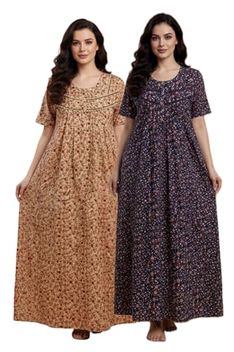 Image of Bahumaan Cotton Nighty for Women Full Length Stylish | Floral Print Cotton Maxi Dress for Women with Pocket | Sleepwear Gown for Women