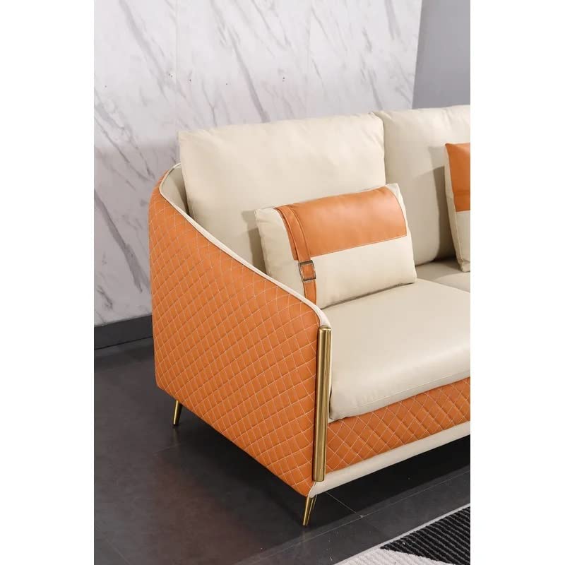 Image of Sofa Set T&T Co. Unique Verstile Design 3 Seater Sofa and 1 Chaise Luxury Imperia Collection Cushion Back with Upholstered Soft Touch Premium Leatherette for Living Room Loung (Orange & Beige)
