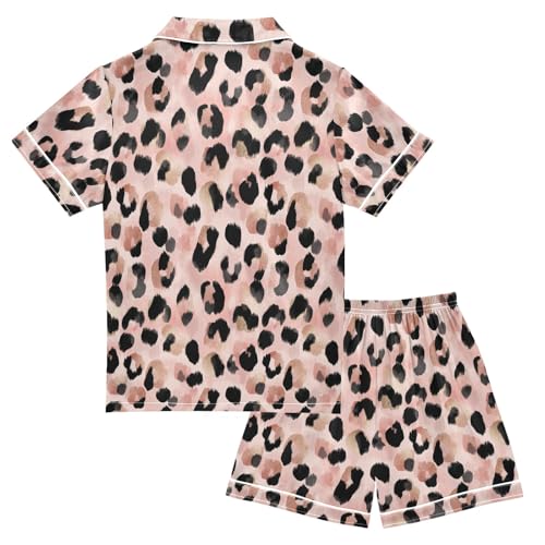 Pink Leopard Pattern Summer Satin Pajama Set, Cute Button-Down Sleepwear Pj Set for Sleep Wears2
