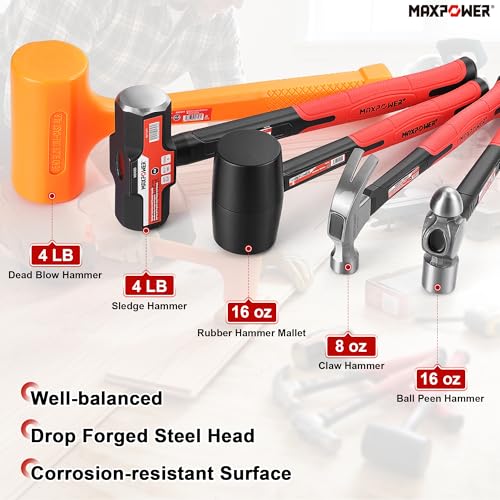 Image of MAXPOWER 5-Piece Hammer Set, Fiberglass Handle for Woodworking & Assembly | 4LB Dead Blow Hammer, 16oz Ball Peen & Rubber Mallet, 8oz Claw Hammer included