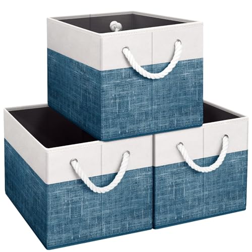 Fab totes Storage Bins 3-Pack, Foldable Storage Baskets for Organizing Toys, Books, Shelves, Closet, Large Storage Box with Rope Handles, Sturdy Organizer Bins, White & Blue