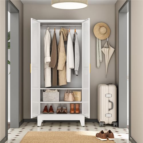 Image of Metal Wardrobe Closet with Doors and Shelves, 71 inch Farmhouse Bedroom Armoire with Hanger Rod and Clothing Shelf, White Steel Wardrobe Cabinet Storage Clothes Closet
