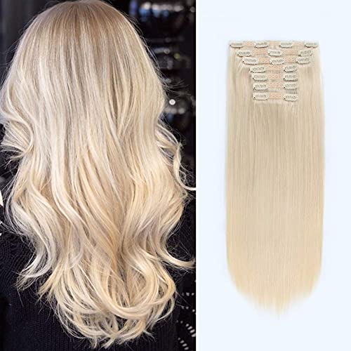 ABH AmazingBeauty Hair Clip Ins - AmazingBeauty Luxury Blonde Remy Human Hair Double Weft Clip in Hair Extensions, Full Head 140 Gram, 7 Pieces with 18 Clips, Platinum Blonde 60, 20 Inch