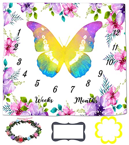 Image of LYLYCTY Baby Monthly Milestone Blanket - Flower & Butterfly Design, Personalized, Includes Wreath & Frame, 47"x47" BTZYLY36