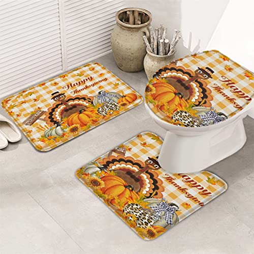 Thanksgiving 3-teiliges Badezimmerteppich-Set Harvest Farm Turkey Pumpkin Sunflower Yellow Buffalo Plaid Strapazierfähiges weiches Badematten-Set mit Konturteppich Toilettendeckelbezug for Badewanne, – Bild 5