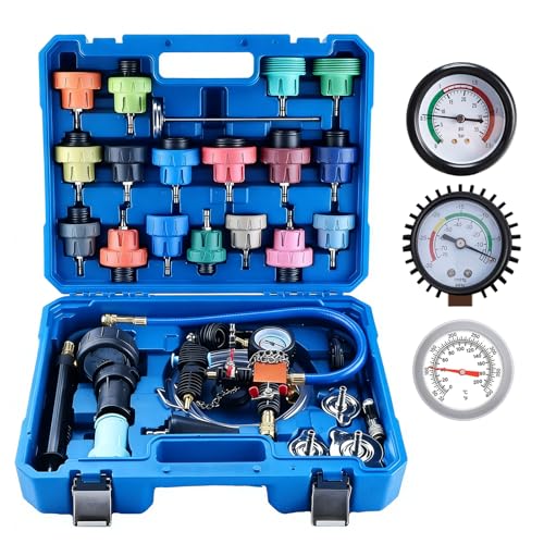 FreeTec 31pzs Probador Presion Radiador, Universal Probador Presion Circuito Refrigeración, Kit Comprobador Fugas Purgador Liquido Refrigerante, Herramientas Radiador Coche con Bomba Adaptador (Azul)