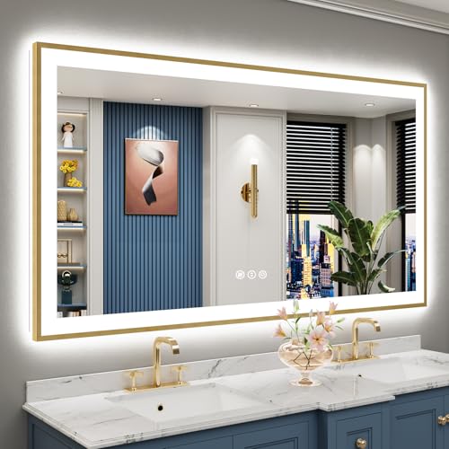 Image of 66x36 Gold LED Bathroom Mirror with Lights, Backlit & Front Lit | Brushed Gold Framed, Anti-Fog Lighted Vanity Mirror, Dimmable, 3-Color Temp, Memory, CRI95, HD Tempered Glass, UL Listed