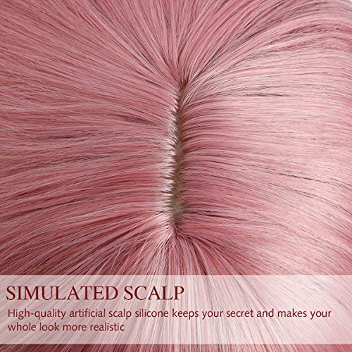 Image of Rose bud Wavy Bob Wig with Bangs Natural Pink Wig Synthetic Hair Shoulder Length Short Curly Wigs for Women